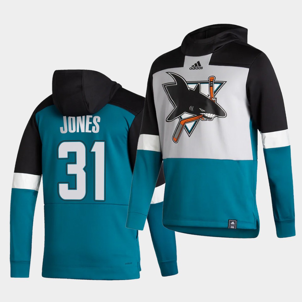 Men San Jose Sharks #31 Jones Blue NHL 2021 Adidas Pullover Hoodie Jersey